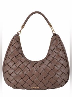 BeBe Large Luca Hobo Shoulder Bag Taupe Gold Hardware Woven Leather Vegan
